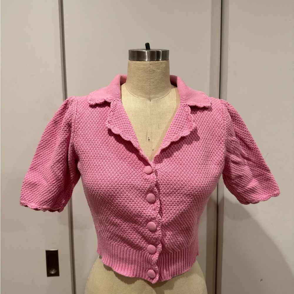 Pink Scallop-Edge Knit Button Front Top
